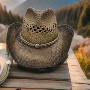 Peter Grimm Toyo Straw Western Cowboy Hat Brown Rope Band Chin Cord Sun Hat